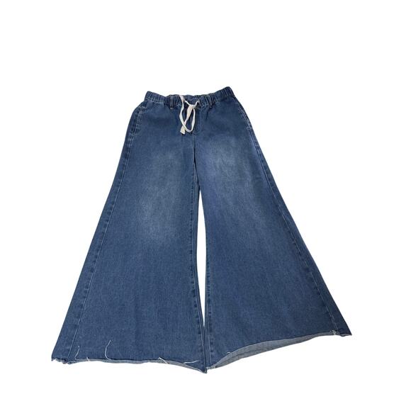 Women’s Jeans Palazzo Elastic Waist Drawstring  Raw Hem Large - Picture 1 of 11